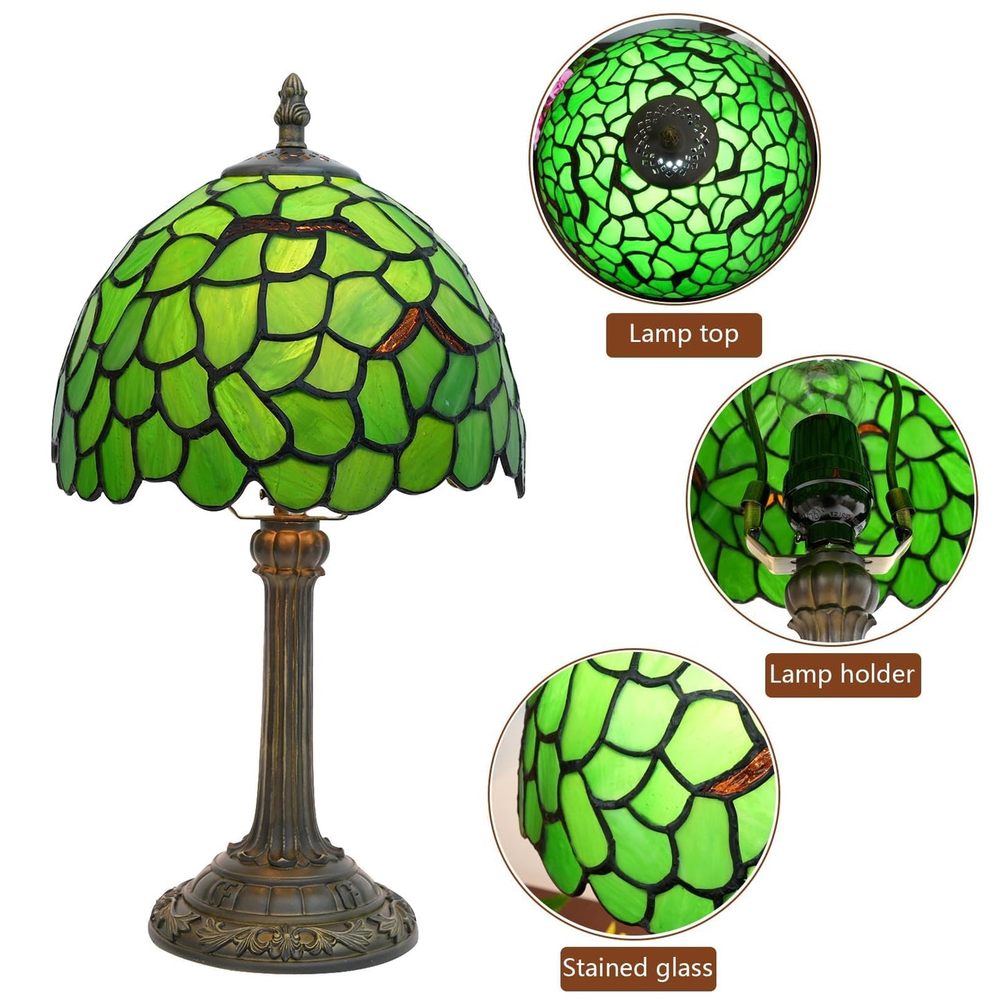 wecrejoni Tiffany Lamp Stained Glass Table Lamp 8X8X14 Inches Desk Reading Light Decor Beside Bedroom Living Room Home (H-1056- Green Leaf)