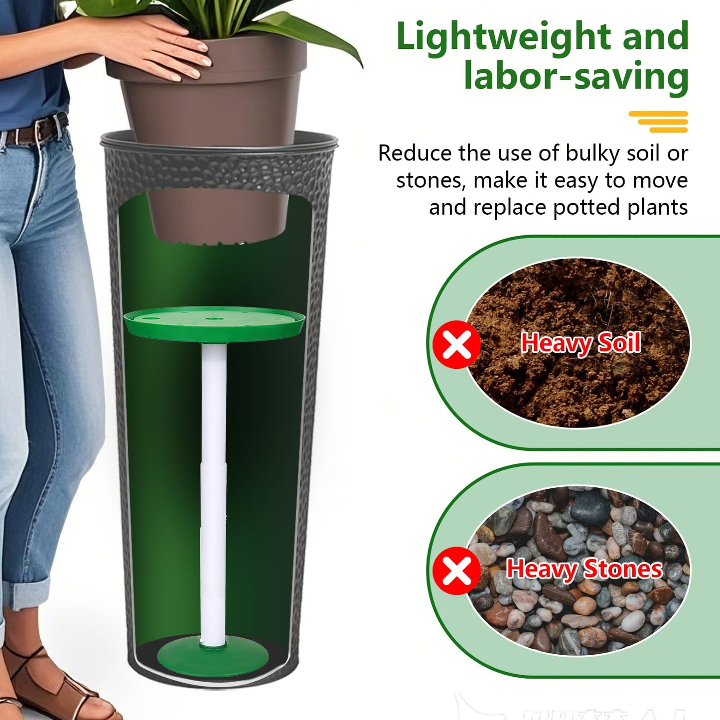 pocezo Adjustable Height Planter Inserts for Large Pots, Portable Planter Filler Plant with 11-17" Rise , 6" Base, 8" or 10" Top (Green, shorts)