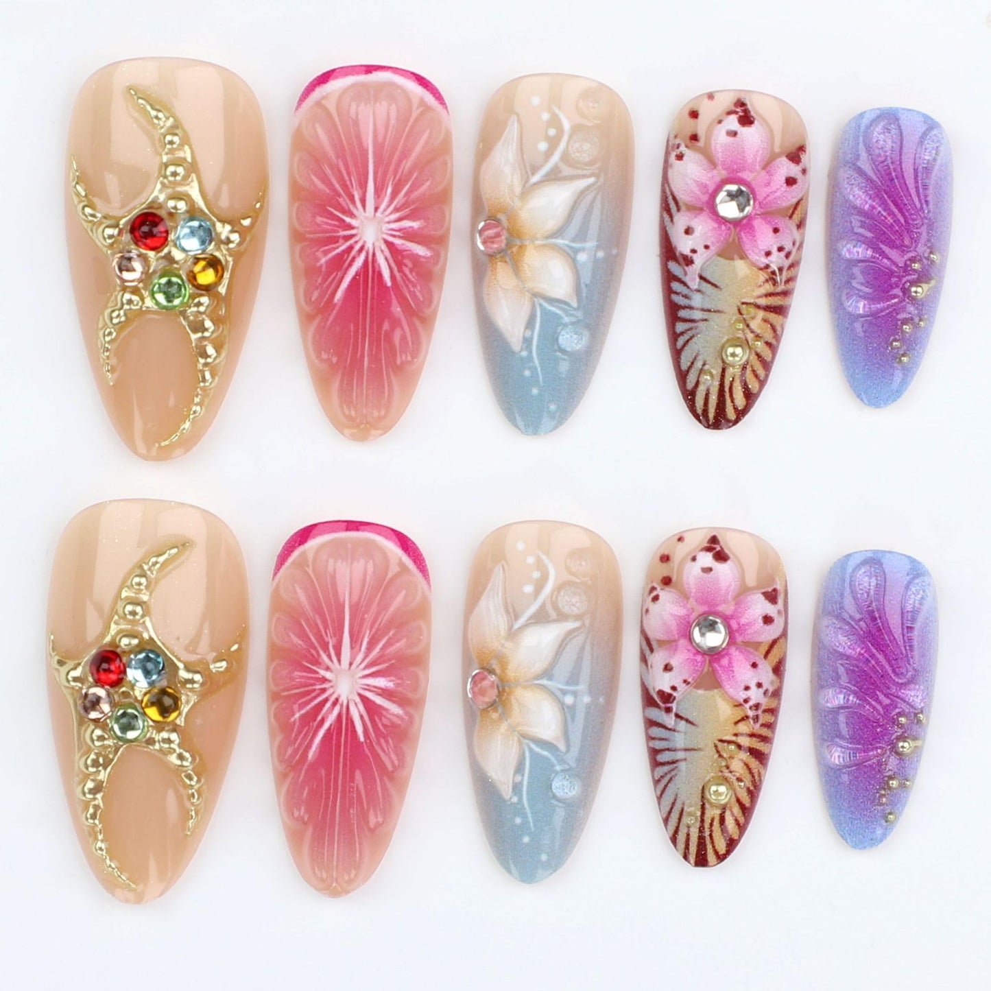 3D Flower Press on Nails Medium Almond Fake Nails Golden Starfish with Colorful Rhinestones Design Handmade Nails Pink Grapefruit False Nail Gradient Artificial Glue on Nail for Women 24Pcs