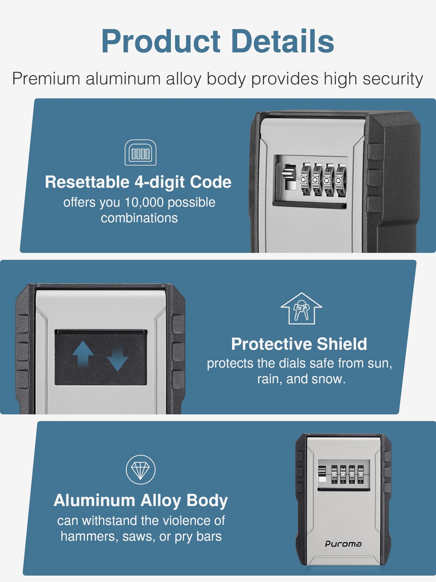 Puroma Key Lock Box with Key Hook, Resettable 4-Digit Combination, Waterproof Key Storage Security, Large Capacity Wall Mounted for House Keys, Realtors, Garage Spare Keys