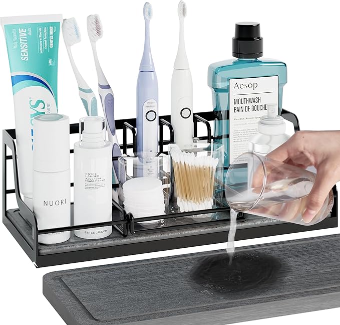 Toothbrush Holders, Bathroom Organizers and Storage with with Instant Drying Stone, 6 Slots Bathroom Accessories with Adjustable Toothpaste Holders, Bathroom Counter Organizer, Black