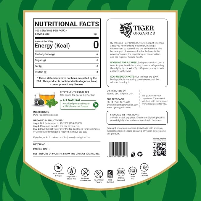 Tiger Organics, Peppermint Herbal Tea (100 Biodegradable Teabags) Supports Healthy Digestion & Promotes Relaxation | Your All-time Caffeine-free Infusion | USDA Organic Certified | Thanks Giving