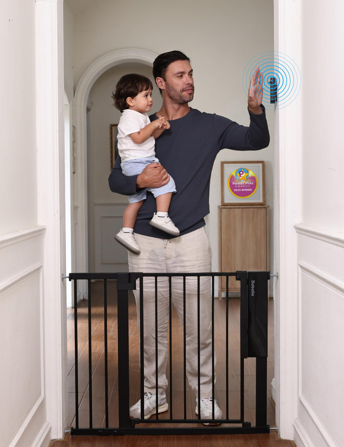 Babelio Smart Baby Gate with Auto-Unlock/Close, Pressure Mounted No Drill for Doorways/Top of Stairs. Pet/Dog Door Wide Walk Thru w/Infrared Sensor & Instant Safety Alert (Black, 26.3-37.8" W, 30" H)