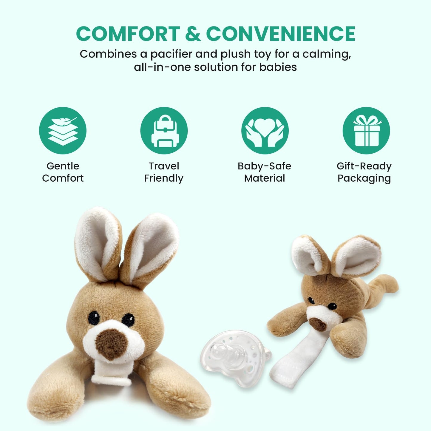 Detachable Rabbit Pacifier Holder - Soft Silicone Pacifier with Plush Animal - Removable, Machine Washable, BPA-Free for Babies 0-24 Months