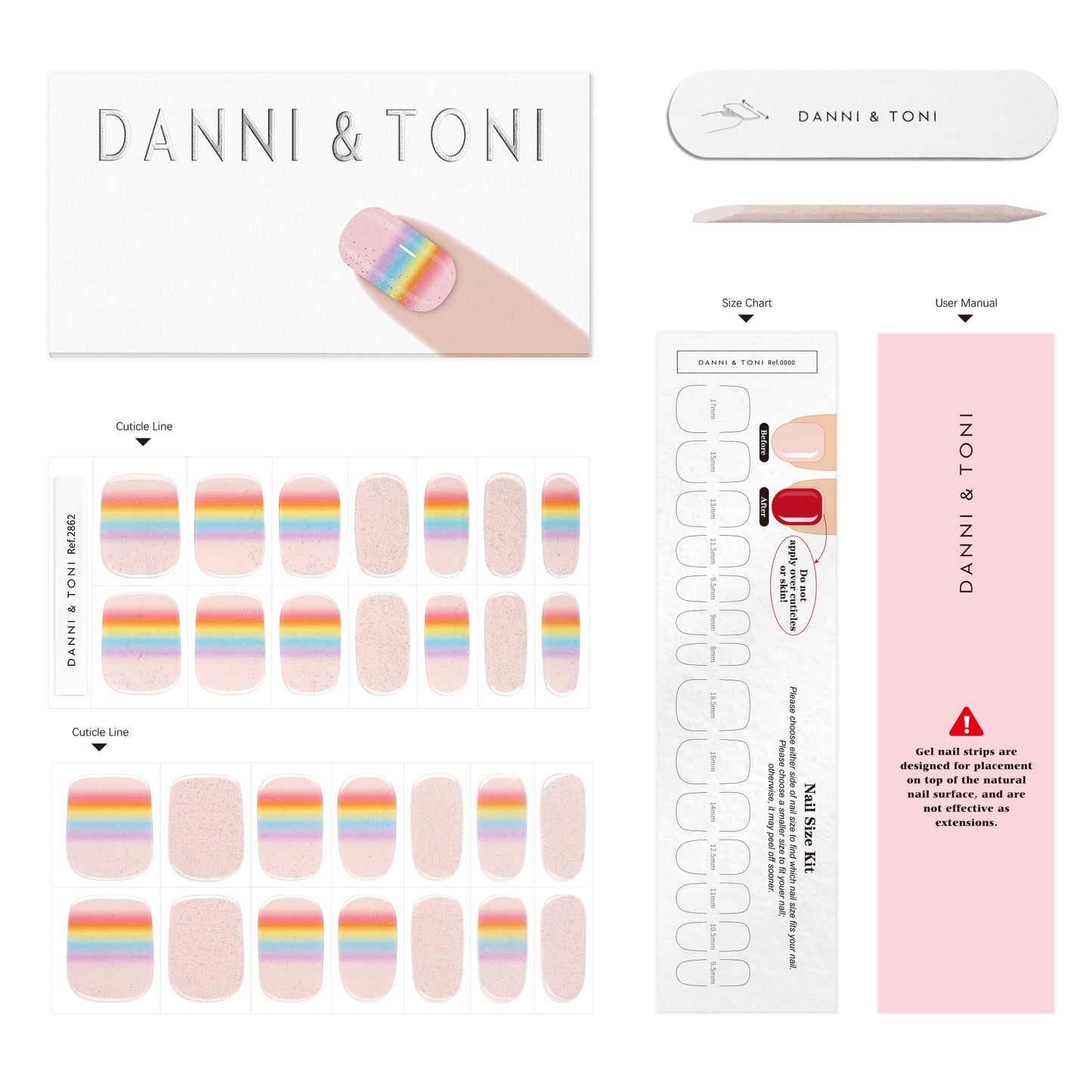 DANNI & TONI Semi Cured Gel Nail Strips Rainbow Gradient Glitter Spring Gel Nail Wraps 28 Stickers | Iris Veil