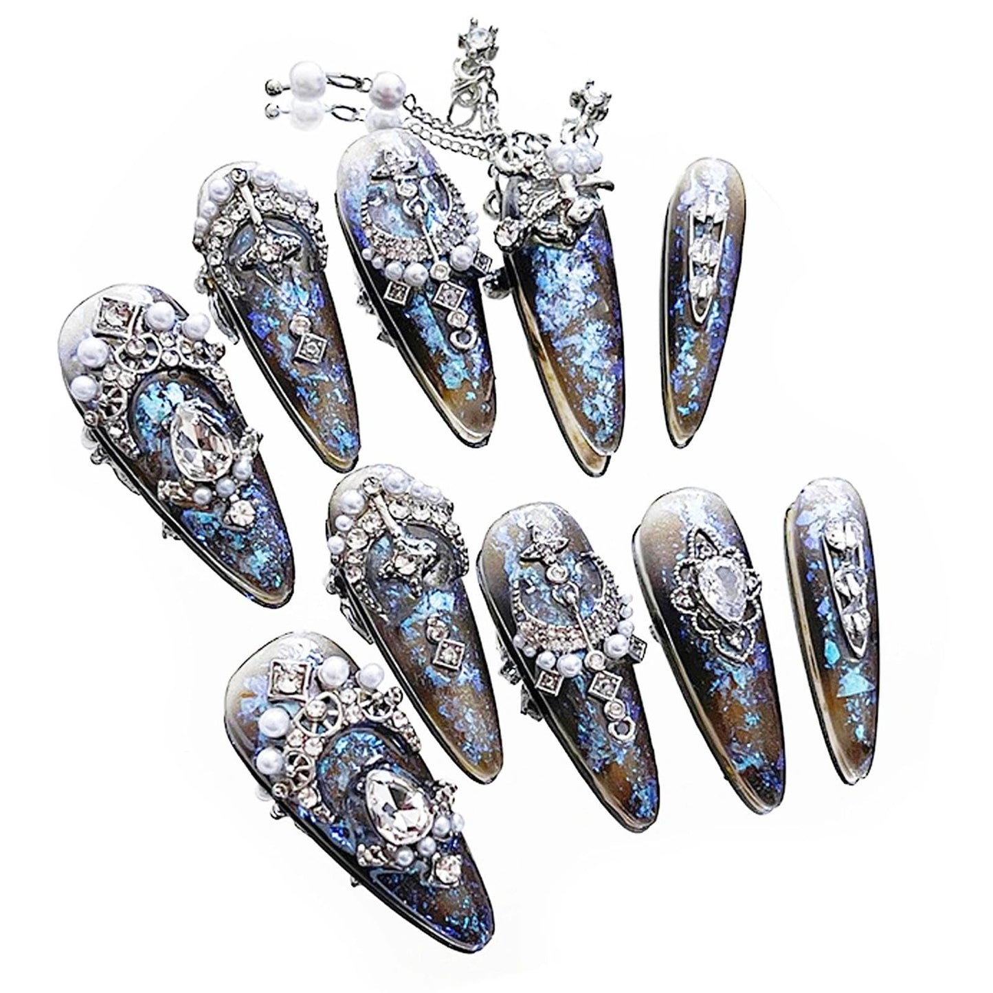 Handmade 3D Steampunk Chain Stiletto Press On Nails, Blue Brown Glitter Luxury Artisan Nails Set, Reusable Glossy Press-ons with Tool Kit(XS)
