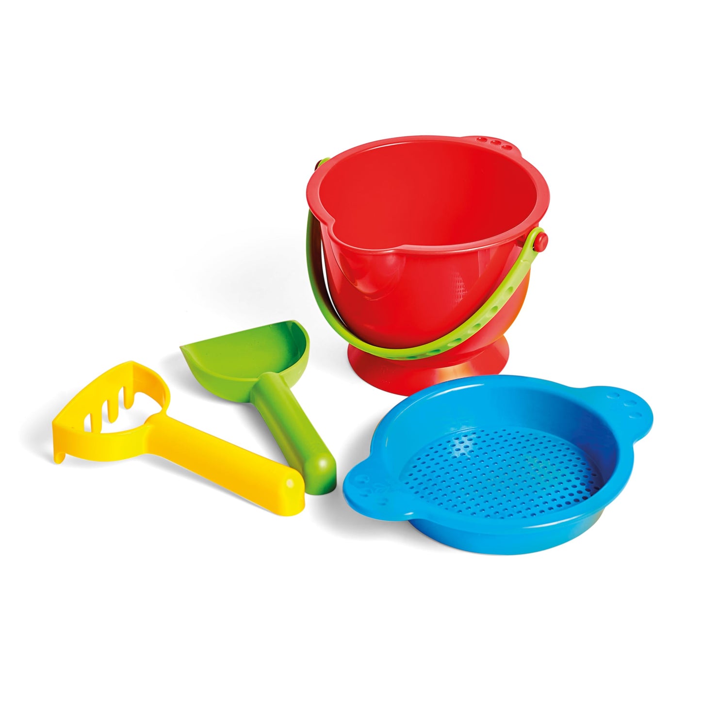 Hape Beach Basics Sand Toy Set Including Bucket Sifter, Rake, and Shovel Toys| Sand Toy Playset for Toddlers 18M+