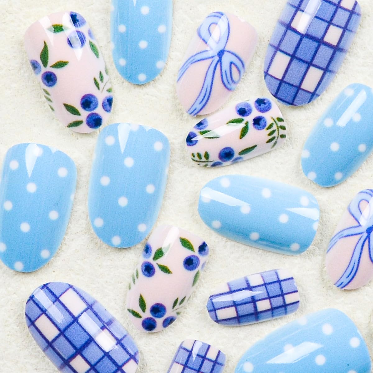 24Pcs Blue Press on Nails Short Almond - Cute Blueberry Bow Fake Nails with Plaid Polka Dot Design Glossy Spring Summer False Nails for Women DIY Manicure Reusable Stick on Nails Acrylic Nail Tips