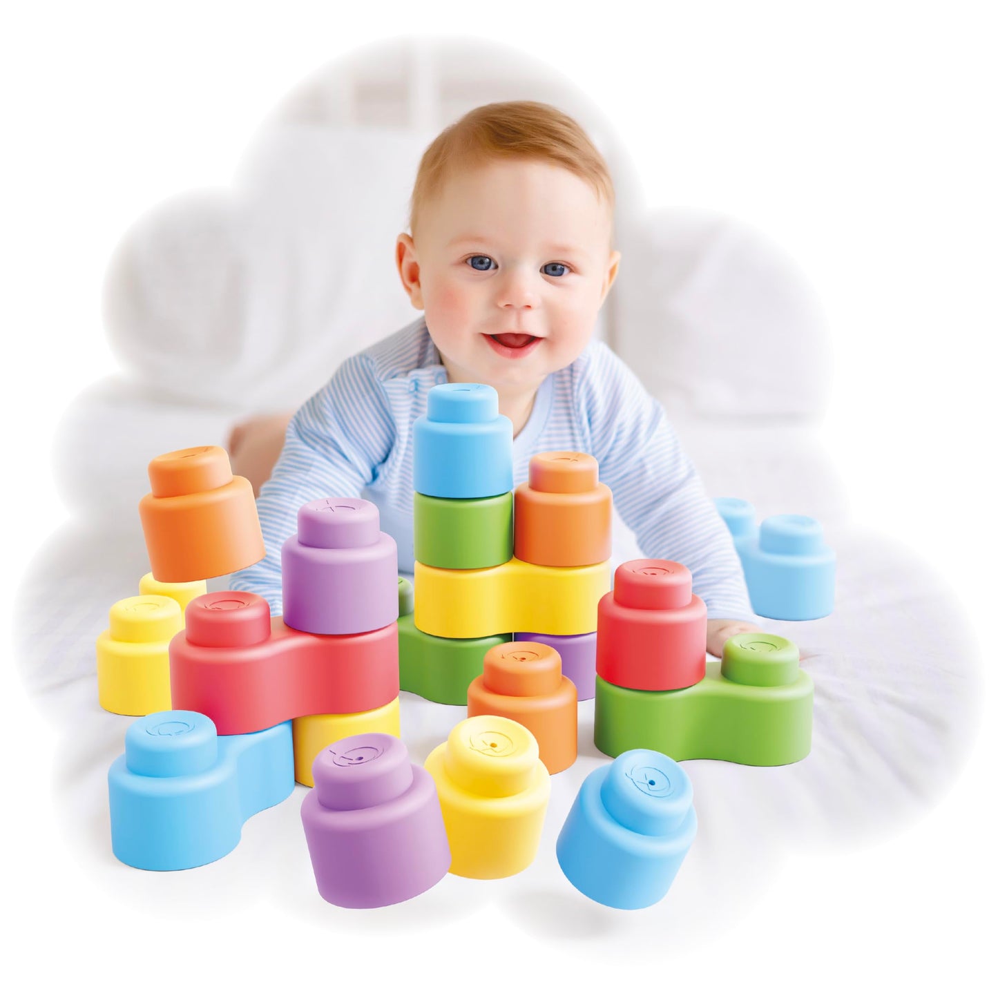 Quercetti: MOMY Soft - 24pc Blocks Set, Colorful Washable Shapes, Sorting & Stacking, Construction Toy, Safe Early Development Play, Baby-Toddler 6mo+