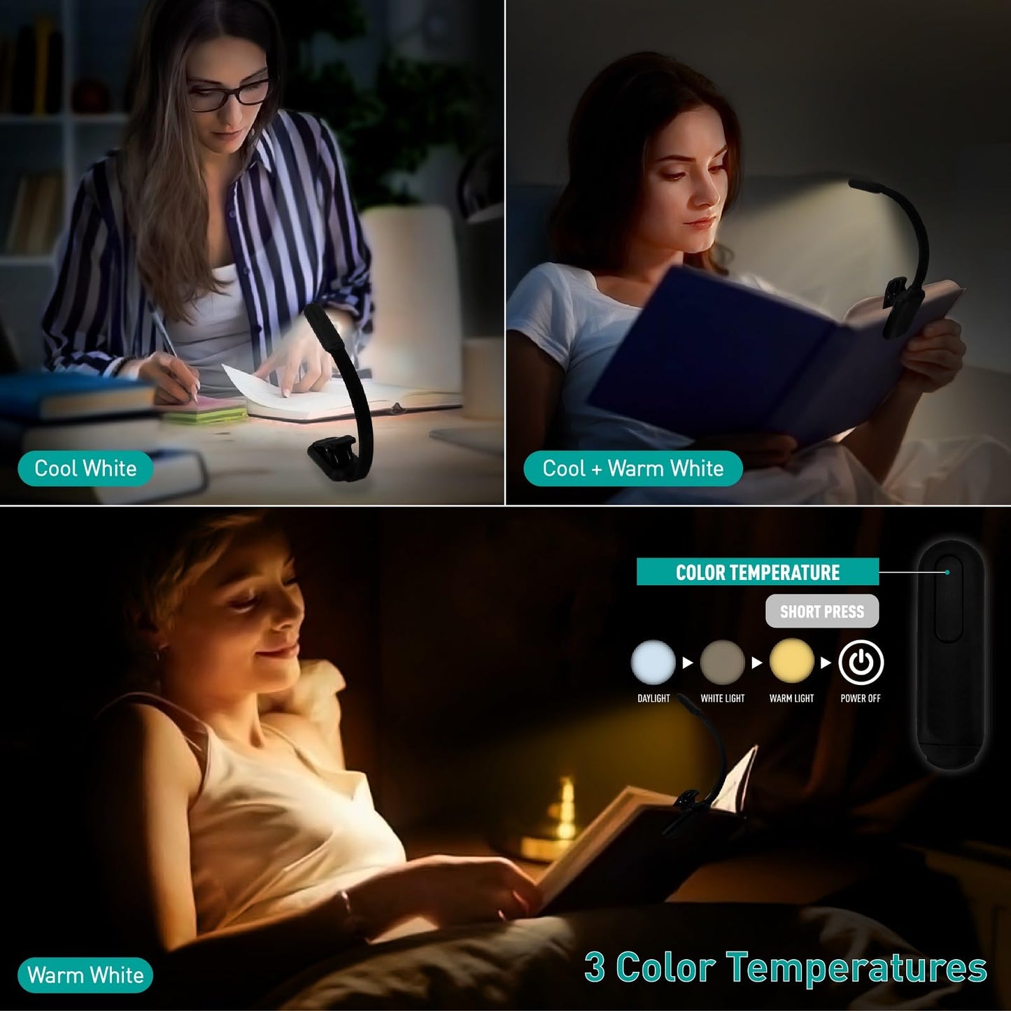 RADIXIUM Rechargeable Book Light for Reading - 9LED Eye-Caring Clip Light w/ 9 Color Temp, Stepless Dimming, 50H Battery, USB-C, Ultra Slim - Gift for Book Lovers (Black)