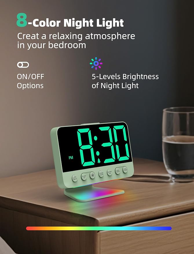 Odokee Digital Alarm Clocks for Bedrooms with Large Bold Number | Electric Desk Clock with Night Light & Brightness Dimmer - Loud Alarm for Heavy Sleepers with Adjustable Volume - Sage Green