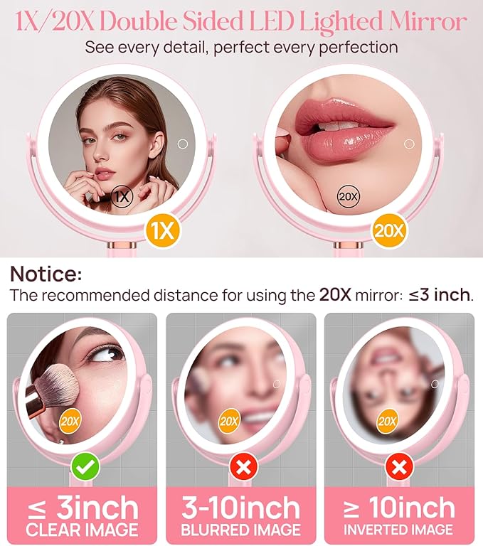 Gospire 20X Magnifying Vanity Mirror with Lights - Height Adjustable Lighted Makeup Mirror with Magnification, 4000mAh Rechargeable Battery, 3 Colored Dimmable Light for Desk Home Travel, Pink