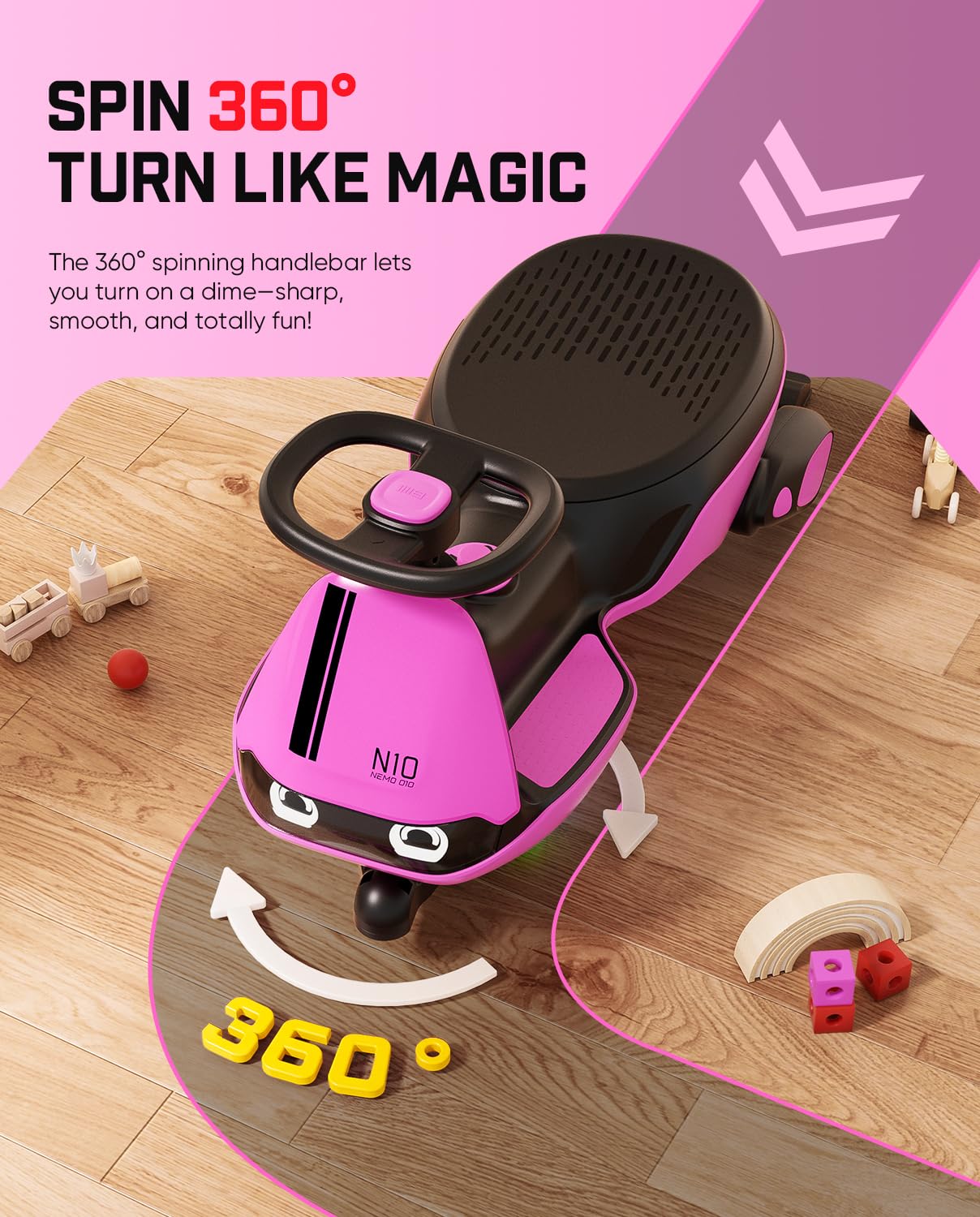FanttikRide N10 Classic Electric Wiggle Car with Pedal, Type-C Rechargeable Battery, One-Click Detachable Mop, GlideWiz, Anti-Rollover, Flashing Wheels, Bluetooth, Ages 3+, 150 Lbs, Pink