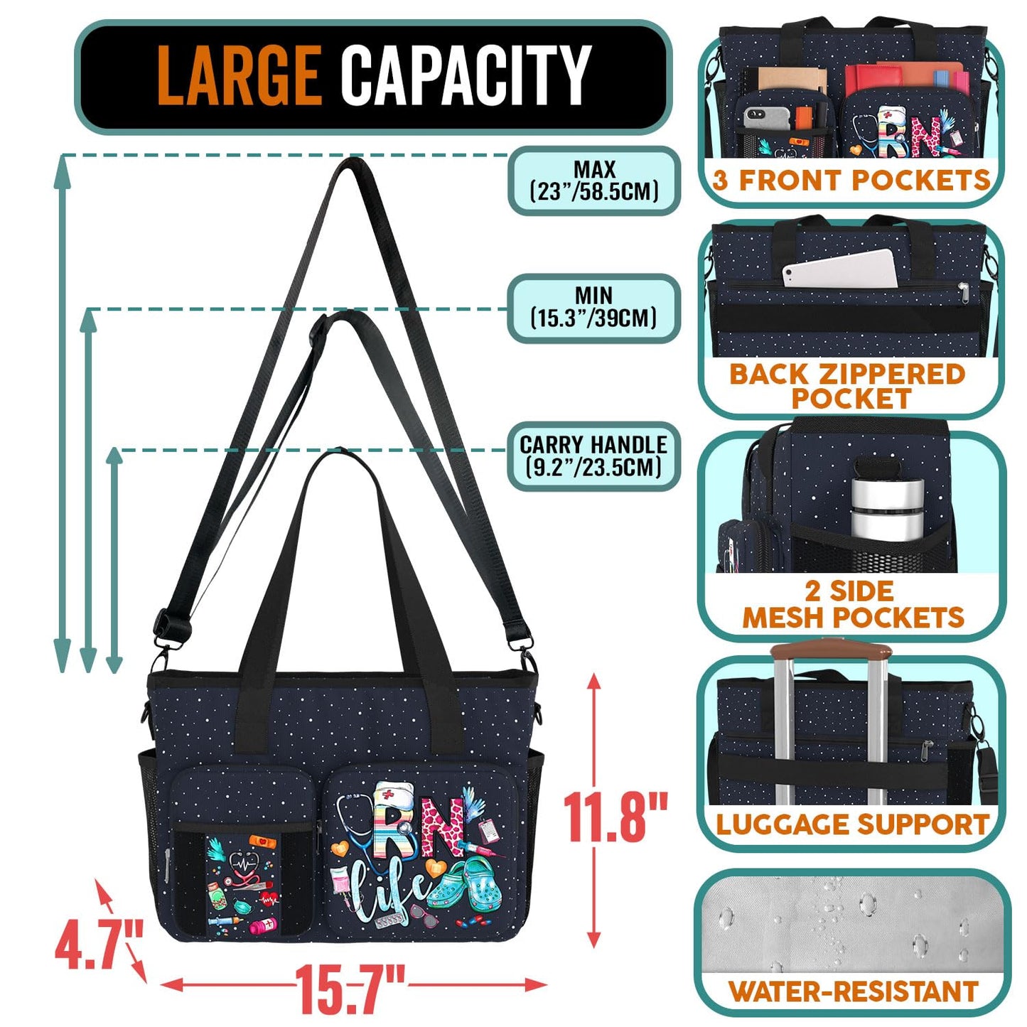 84hoods Shoulder Bag for Work. Waterproof Work Bag with Large Compartments, Padded Laptop Storage and Multiple Pockets. RN Gift for Registered Nurse. RN Life.
