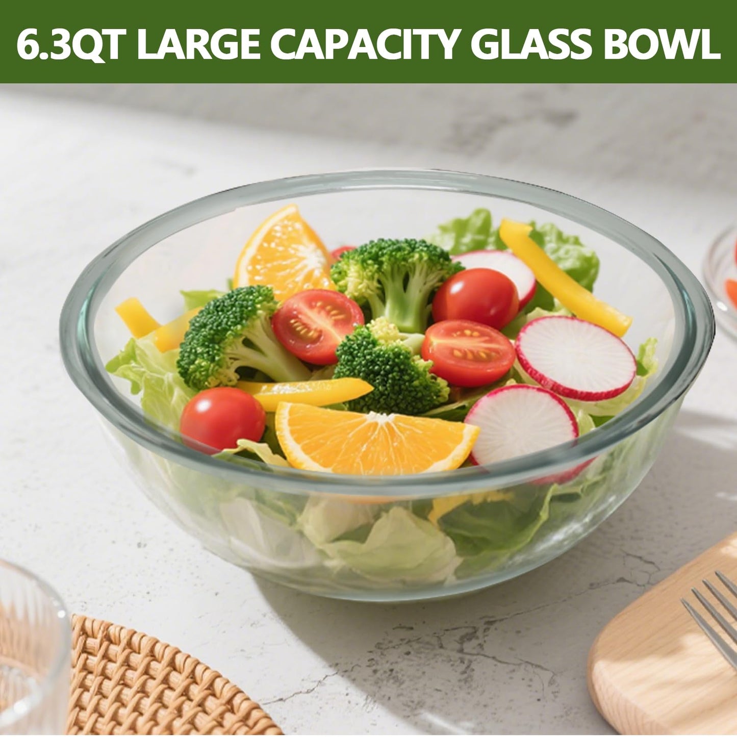 CD HOME 6.3Quart Large Glass Mixing Bowl with Lid, Clear Large Salad Bowls Glass Big Mixing Bowls for Kitchen