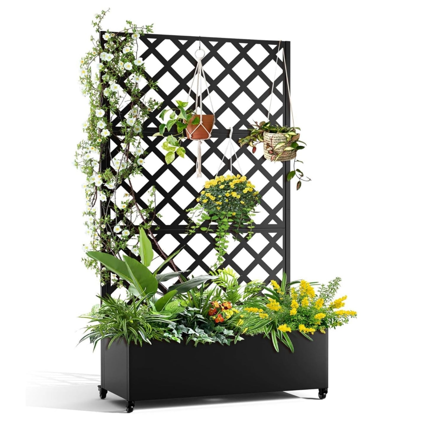 IDEALHOUSE 72"x47" Galvanized Raised Garden Bed with Diamond Trellis, 12" Deep Planter Box on Locking Wheels, Drainage Holes for Climbing Plants, Flowers, Patio, Balcony & Small Spaces, Black