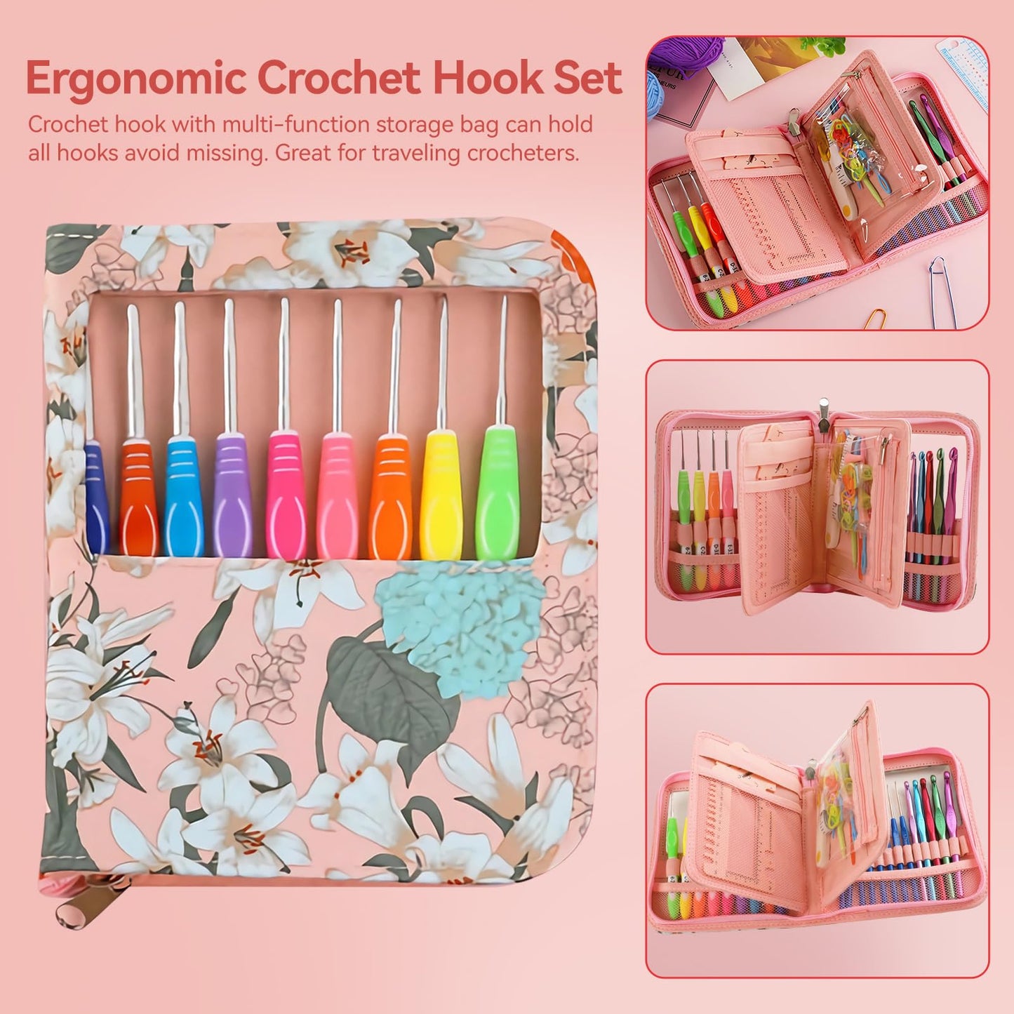 Dasonwin 60-Piece Ergonomic Crochet Hooks Set with Travel Case - Aluminum Crochet Needles Kit for Beginners & Experts, Arthritis-Friendly Design, Includes Stitch Markers & Accessories (Pink)
