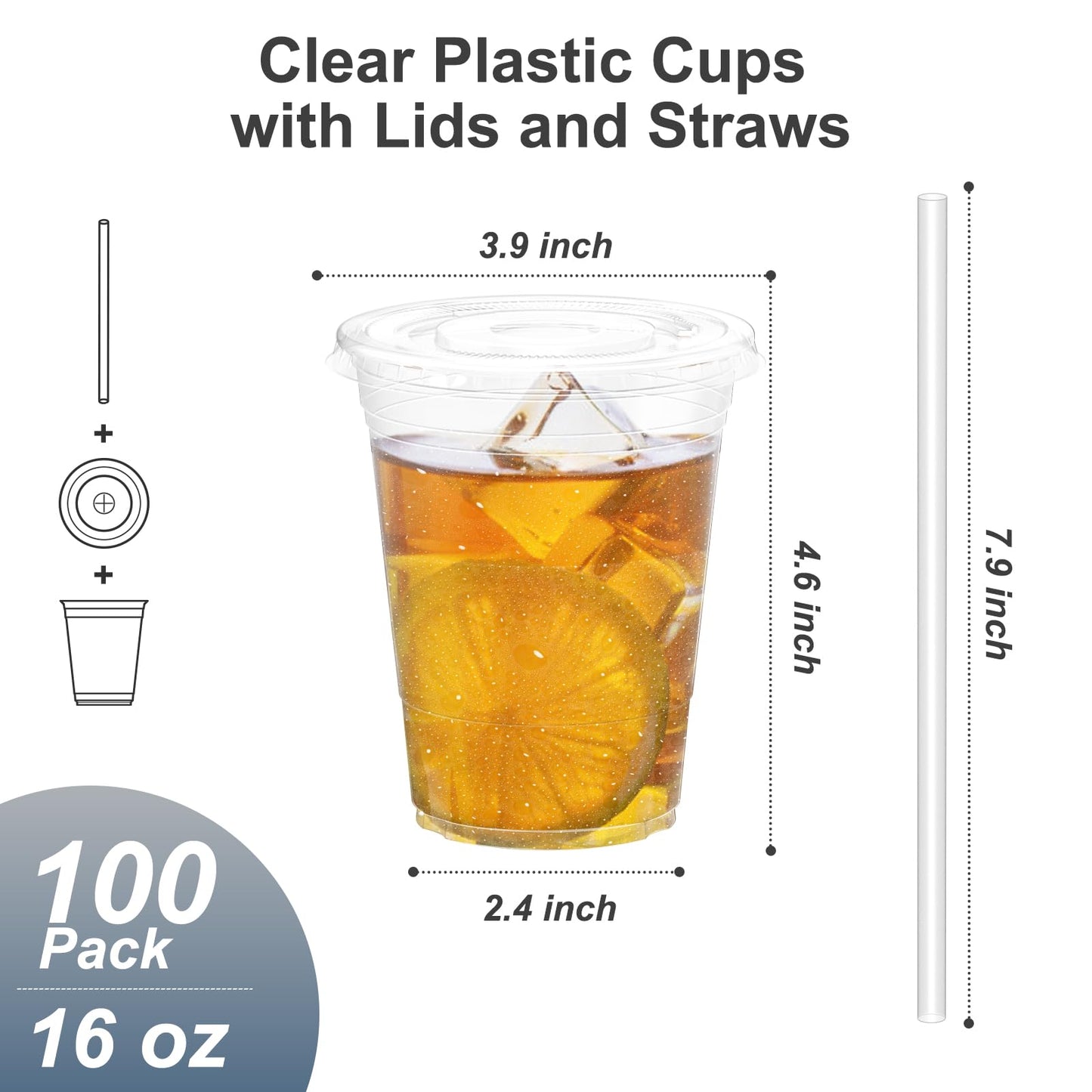 Dealusy 100 Pack - 16 oz Clear Plastic Cups with Lids and Straws, Sturdy & Food Safe Iced Coffee Cups with lids, Disposable Plastic Smoothie Cups for Cold Drinks