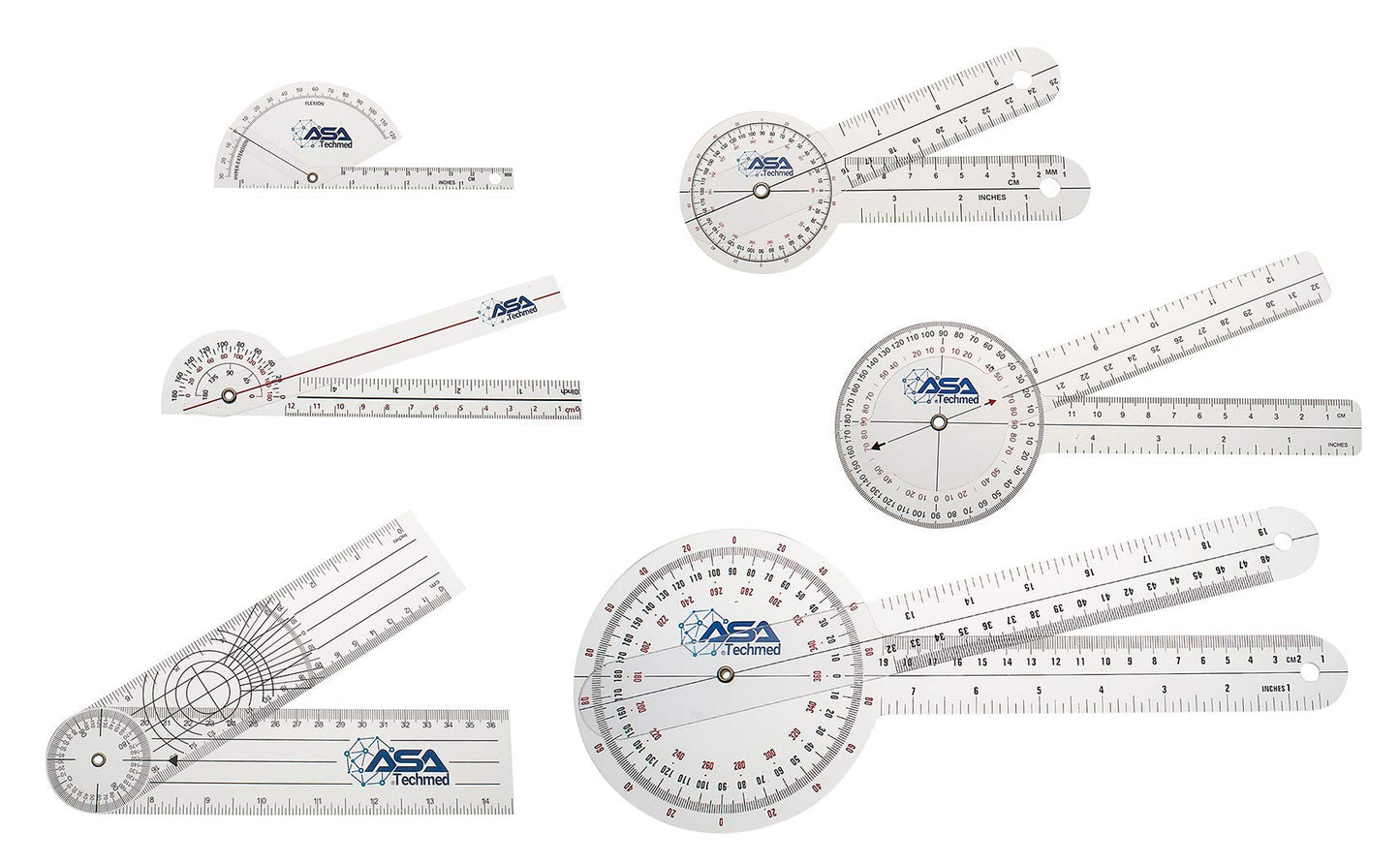 ASA TECHMED Goniometer Complete Set 6 Pieces + Body Measuring Tape - Physical Therapy, Occupational Therapy, Fitness, Medical Protractor Angle Ruler 12/8/6 Inches