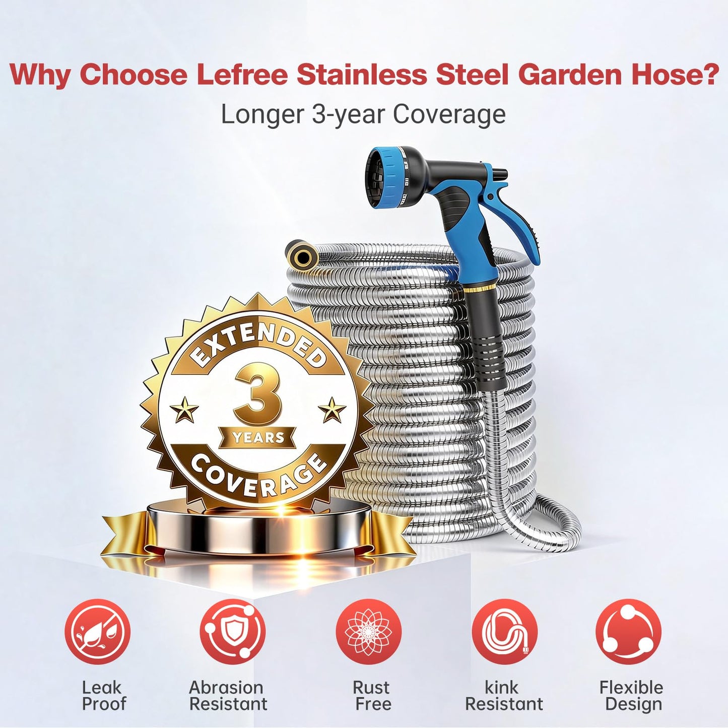 Lefree 50ft Metal Garden Hose - Heavy Duty 304 Stainless Steel Flexible Water Hose, No Kinks & Leak-Proof with Upgraded Handle, 10-Function Spray Nozzle for Balcony, Patio, Small Yard, Car Wash