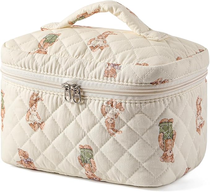 3Pcs Aesthetic Cotton Quilted Drawstring Makeup Bag Set, Aesthetic Cute Bow Makeup Pouch for Girls and Women, Aesthetic Travel Organized Cosmetic Bags for Purse(01Bear)