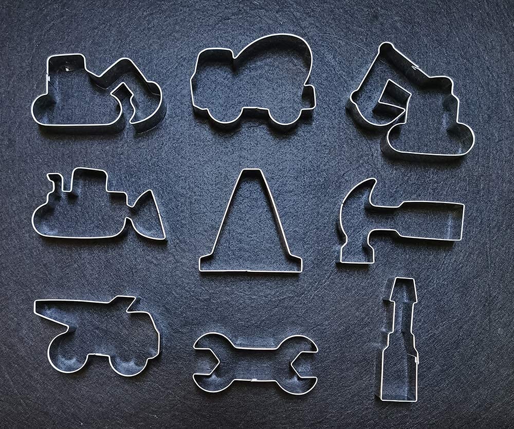 Construction Cookie Cutter Set-3 Inches-9 Piece- Excavator Digger Bulldozer Dump Truck Hammer Wrench Construction Tools Cutters Molds for Kids Construction Themed Party