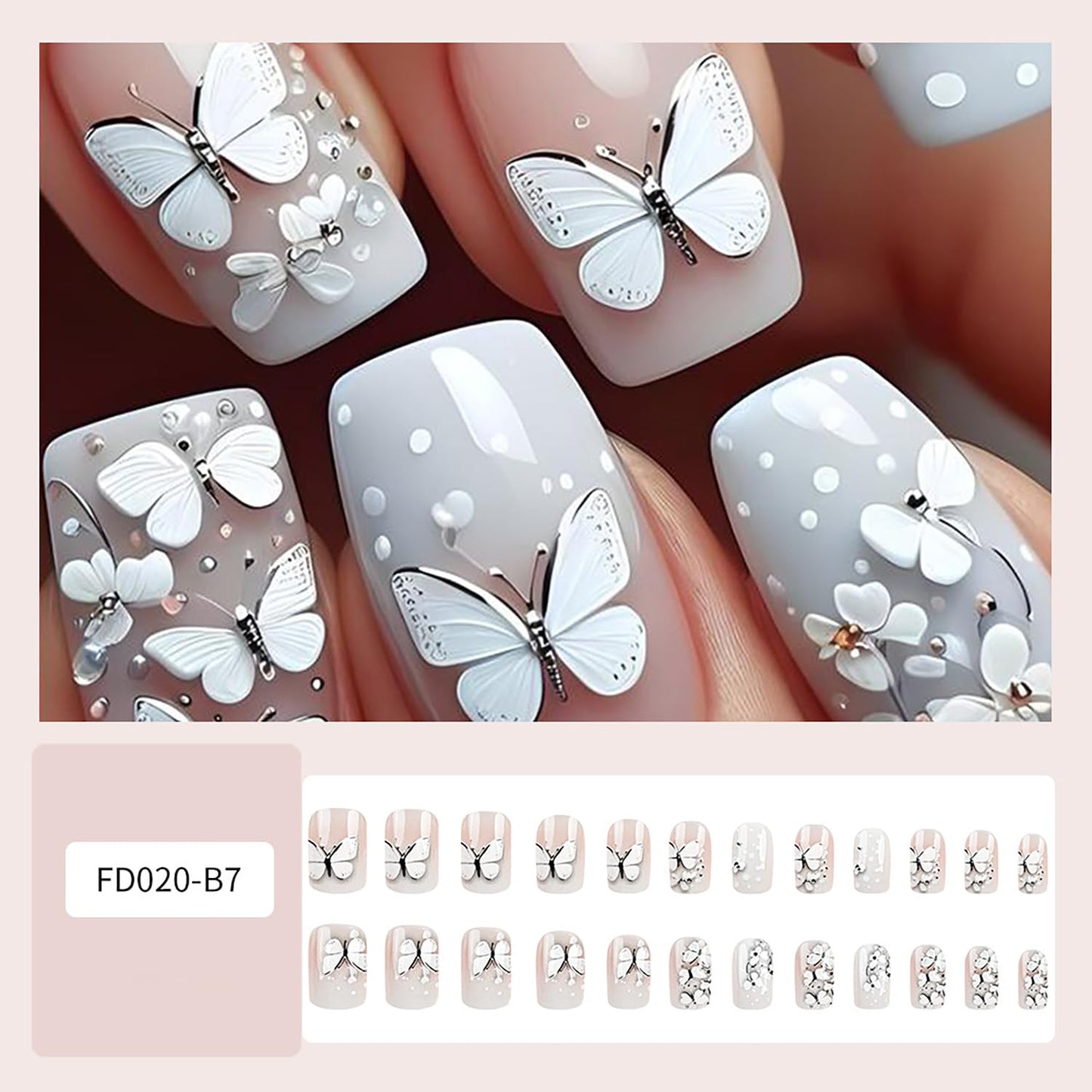 Butterfly 3d Press on Nails Short Square Nails Nude Pink Gradient False Nails Press Nails with Rhinestones Design Acrylic Nails Full Cover Artificial Coffin Nails Acrylic Stick on Nails for Women