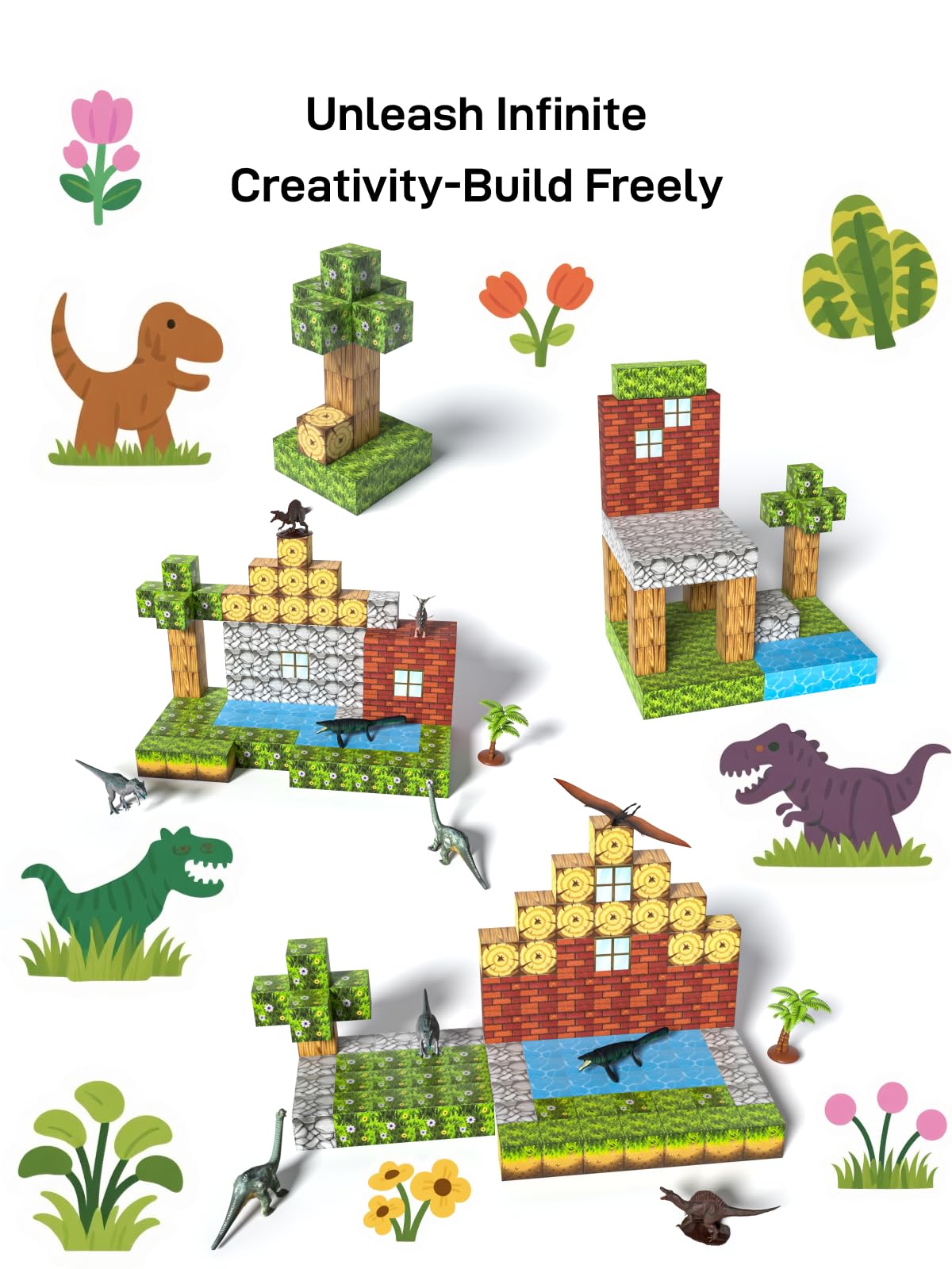 Veecafiodi Magnetic Blocks 108PCS, Dinosaur Magnetic Building Blocks with 6 Dinosaur Figures, Magnetic Blocks for Kids Ages 3-5, 4-8, STEM Construction Toy