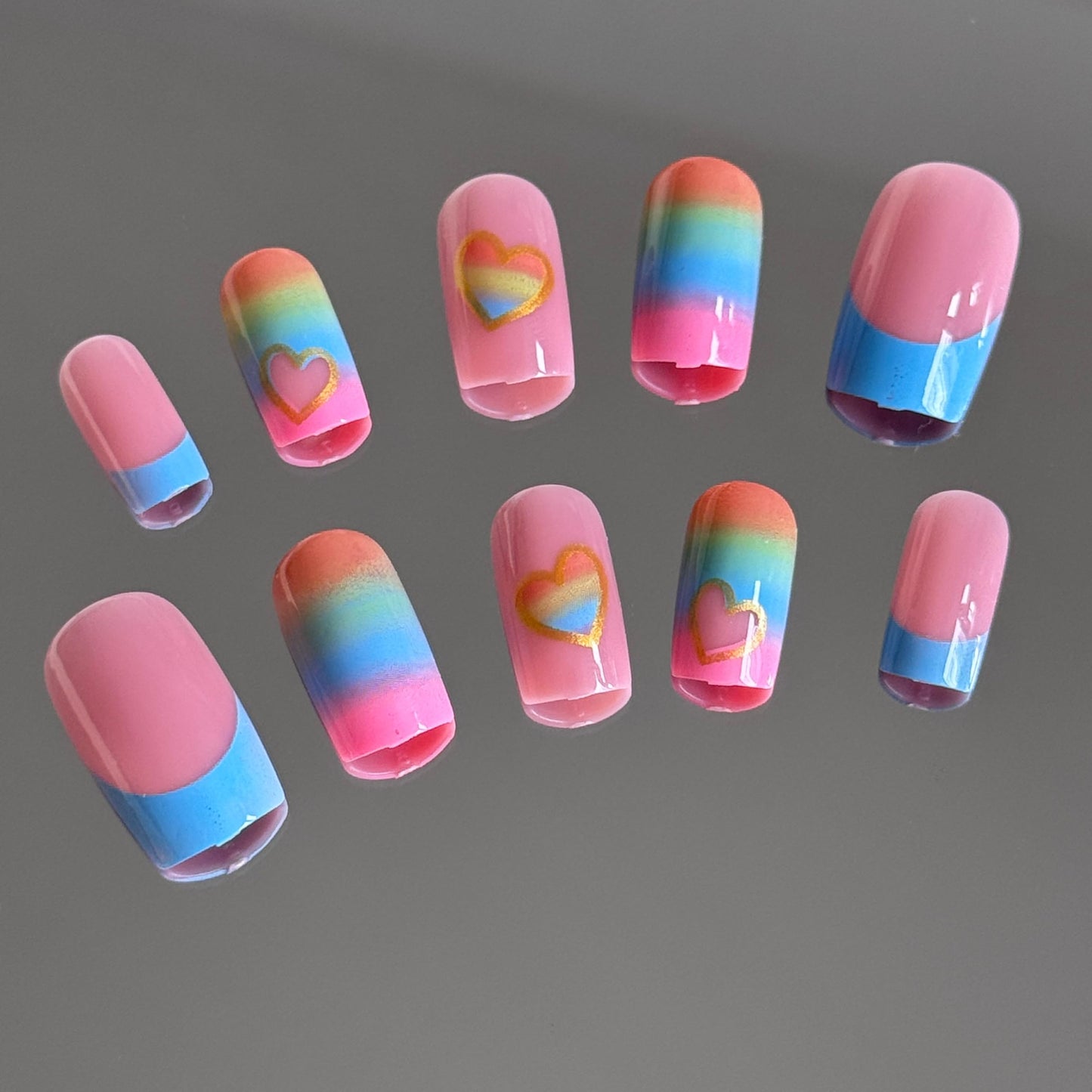 24 Pcs Rainbow Coffin Press on Nails - Colorful French Tip Acrylic Nails with Hollow Heart Design