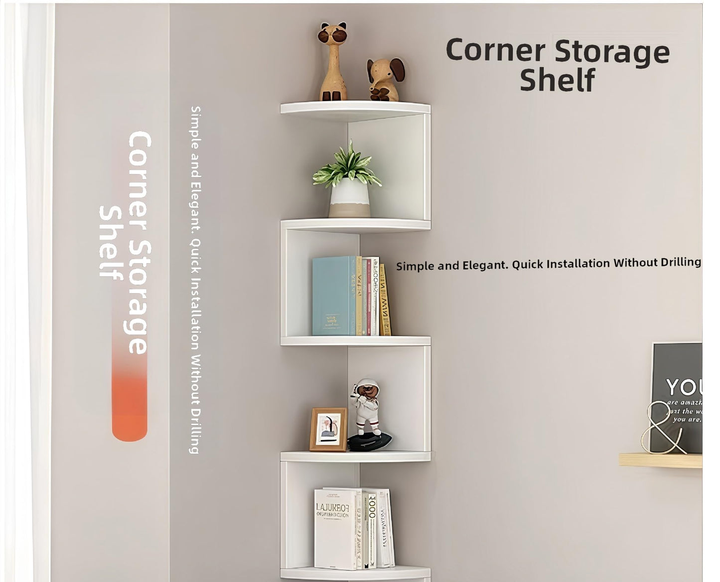 FRAWENLECO No-Drill Modern Corner Shelf Wall Mount, 5-Tier Floating Storage Rack, Corner Bookshelf with Hooks, Space-Saving Zigzag Plant Shelf for Bedroom, Living Room, Bathroom, Home Office(White)