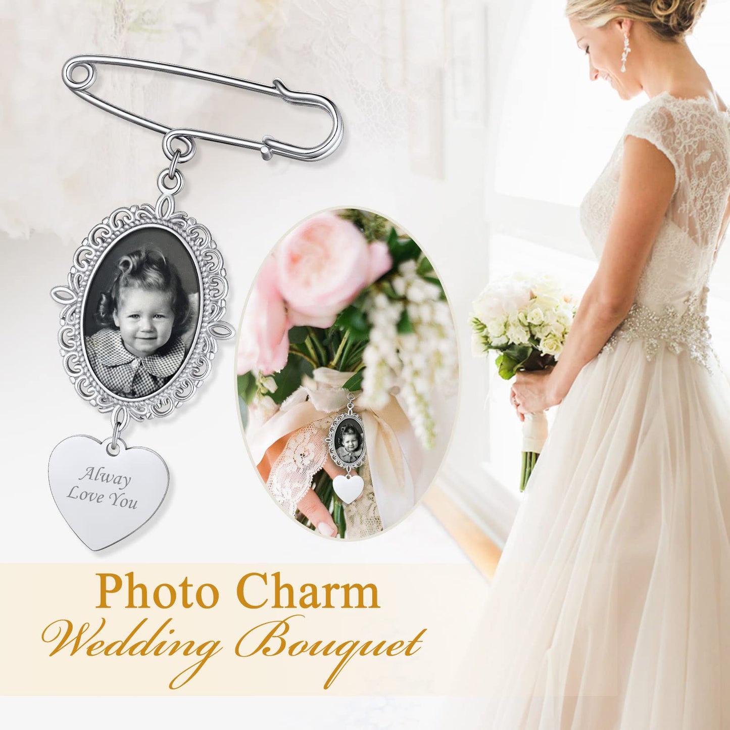 Custom4U Wedding Bouquet Photo Charm Oval Bridal Memorial Pins Custom