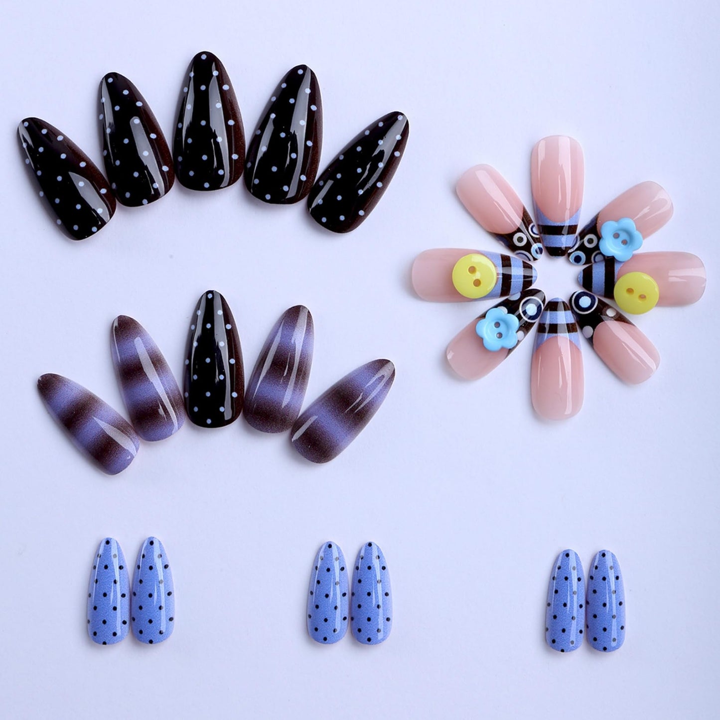 octoswave Long Almond Press on Nails, 3D Button Polka Dot & Striped Fake Nails for Women, Glossy Acrylic False Nails for Party, 24Pcs