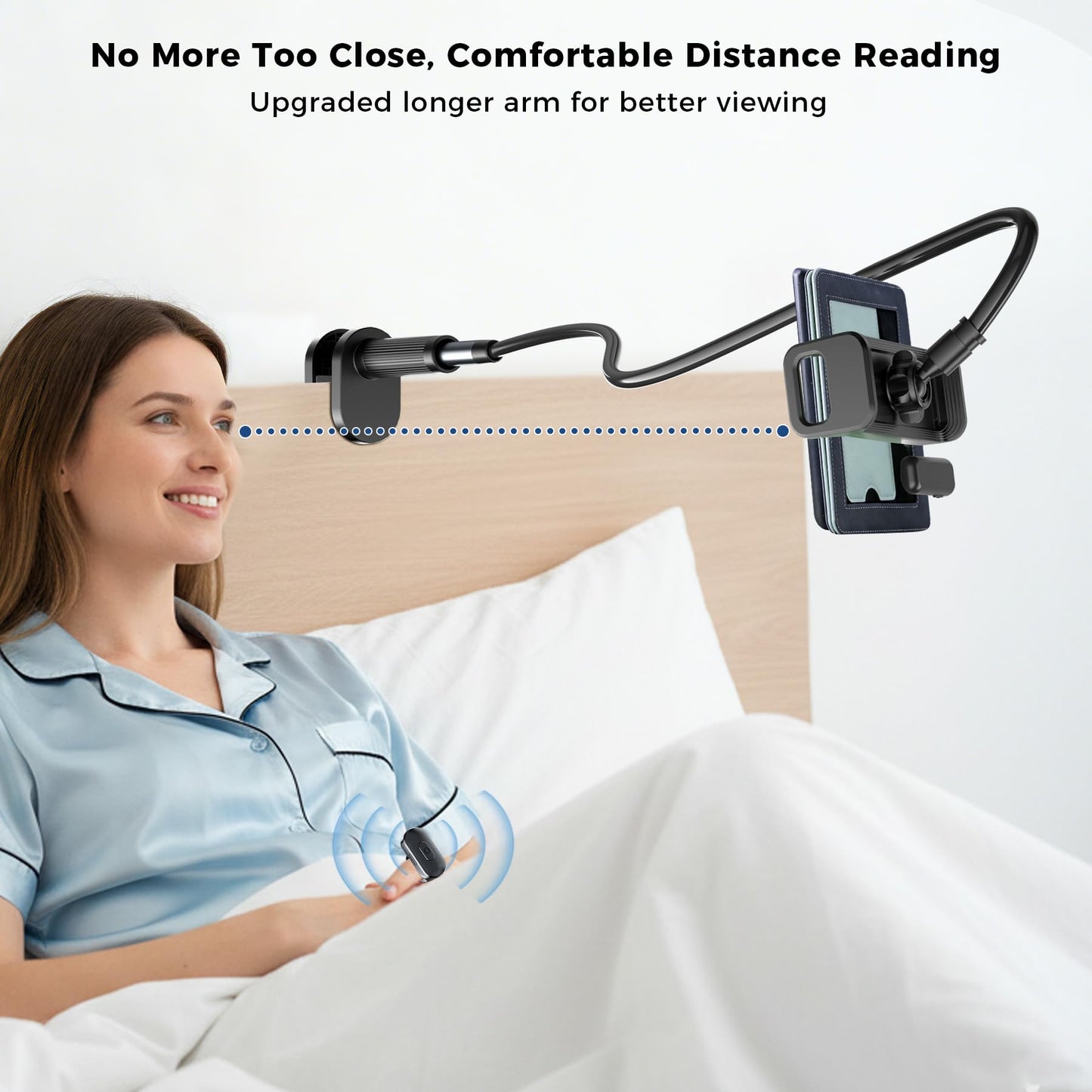[Case-Friendly] Long Tablet Stand for Kindle with Page Turner Ring Remote, Gooseneck Holder for Reading in Bed with Clicker, eReader Accessories Gift for Readers Compatible with iPad iPhone Fire HD