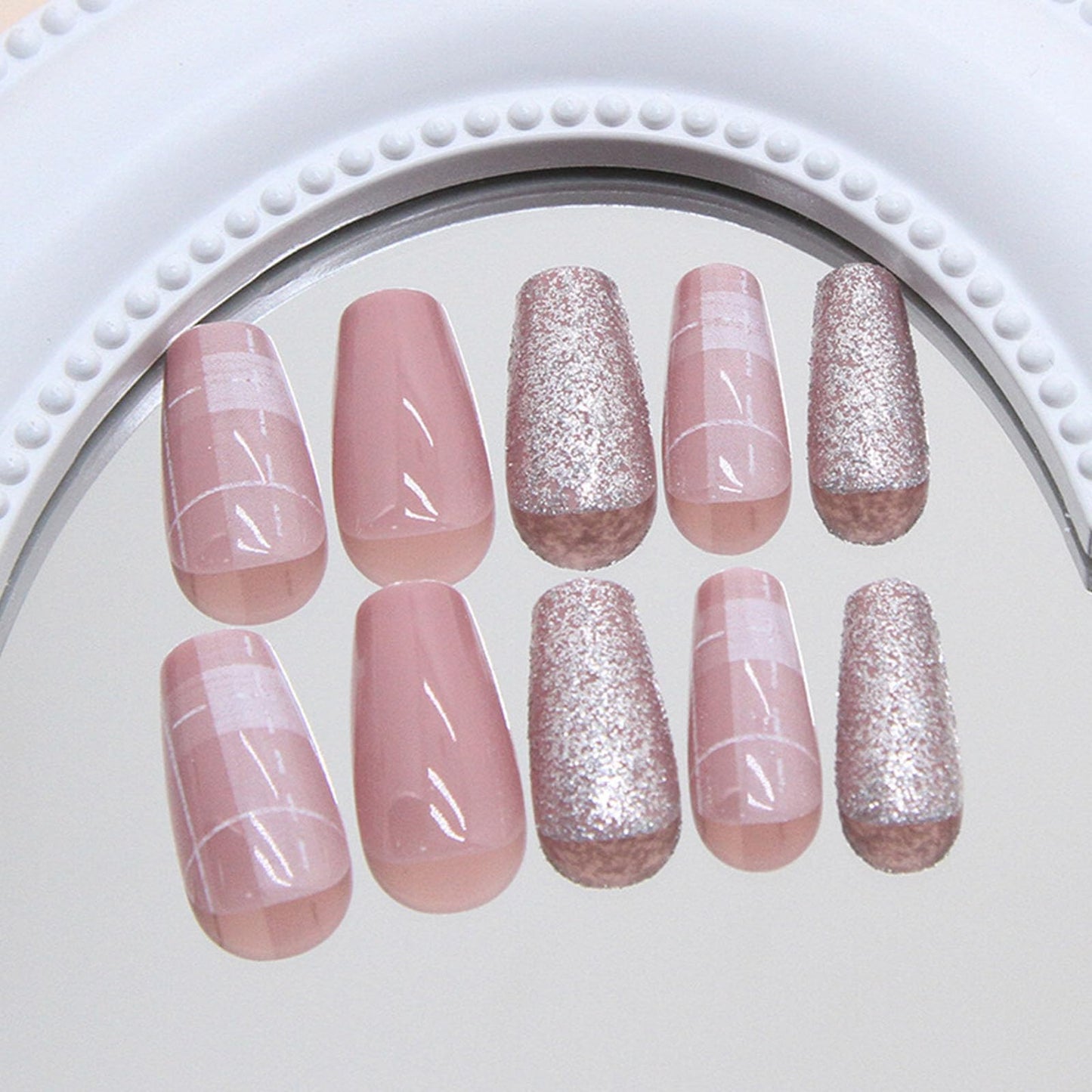 Press on Nails Short Coffin Fake Nails Glitter Glue on Nails Glossy Nails Press ons Pink Acrylic Nails Cute False Nails with Plaid Lines Designs Artificial Stick on Nails for Women 24Pcs