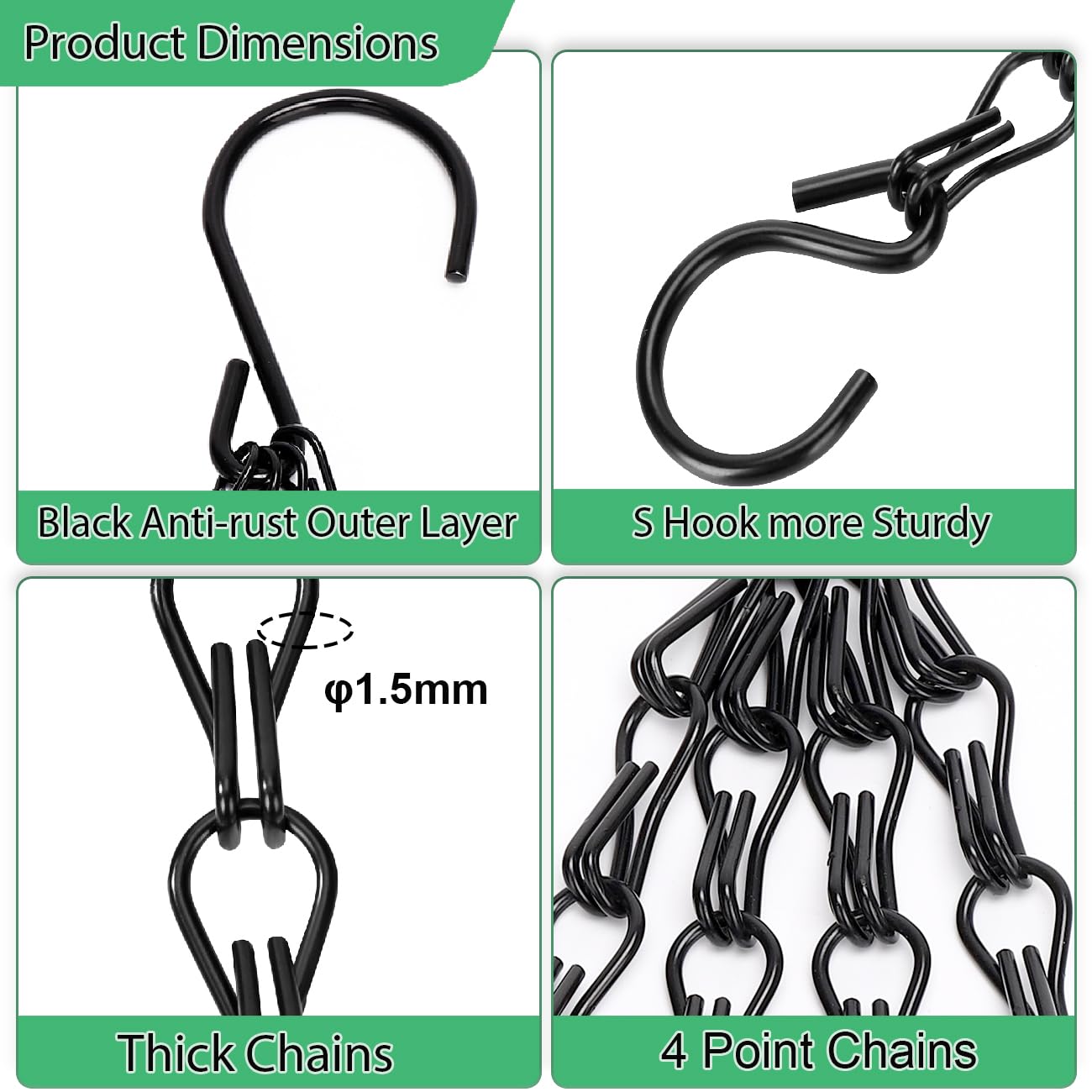 Heybe Hanging Baskets Chains 16 Inches 4 Leads Hanging Chains with S Hooks, Flower Pot Hanger Replacement Plant Hangers for Planters and Lanterns, Pack of 3