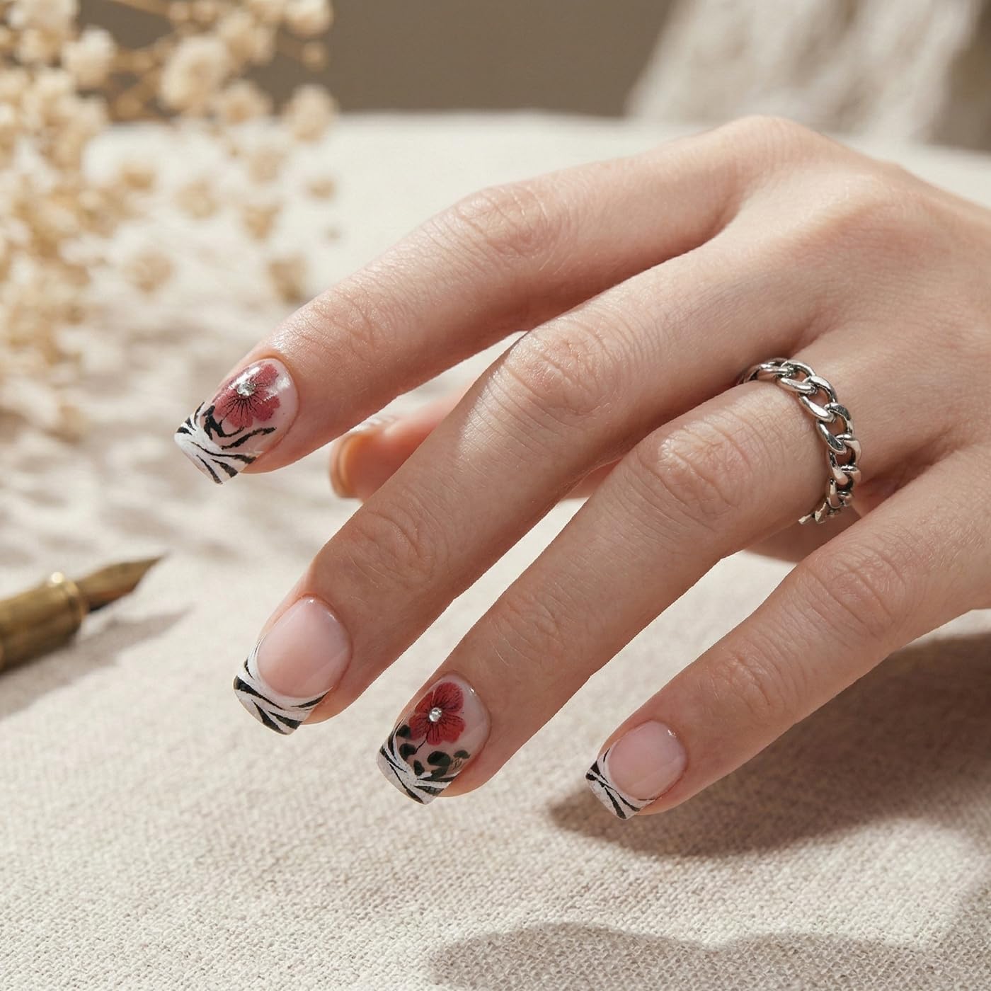 Goolich Zebra Print French Tip Press On Nails Short Square, Floral Nails Press ons Set with Adhesive Tabs, 24 Pcs 12 Size Reusable Full Cover Glue on Nails for Women