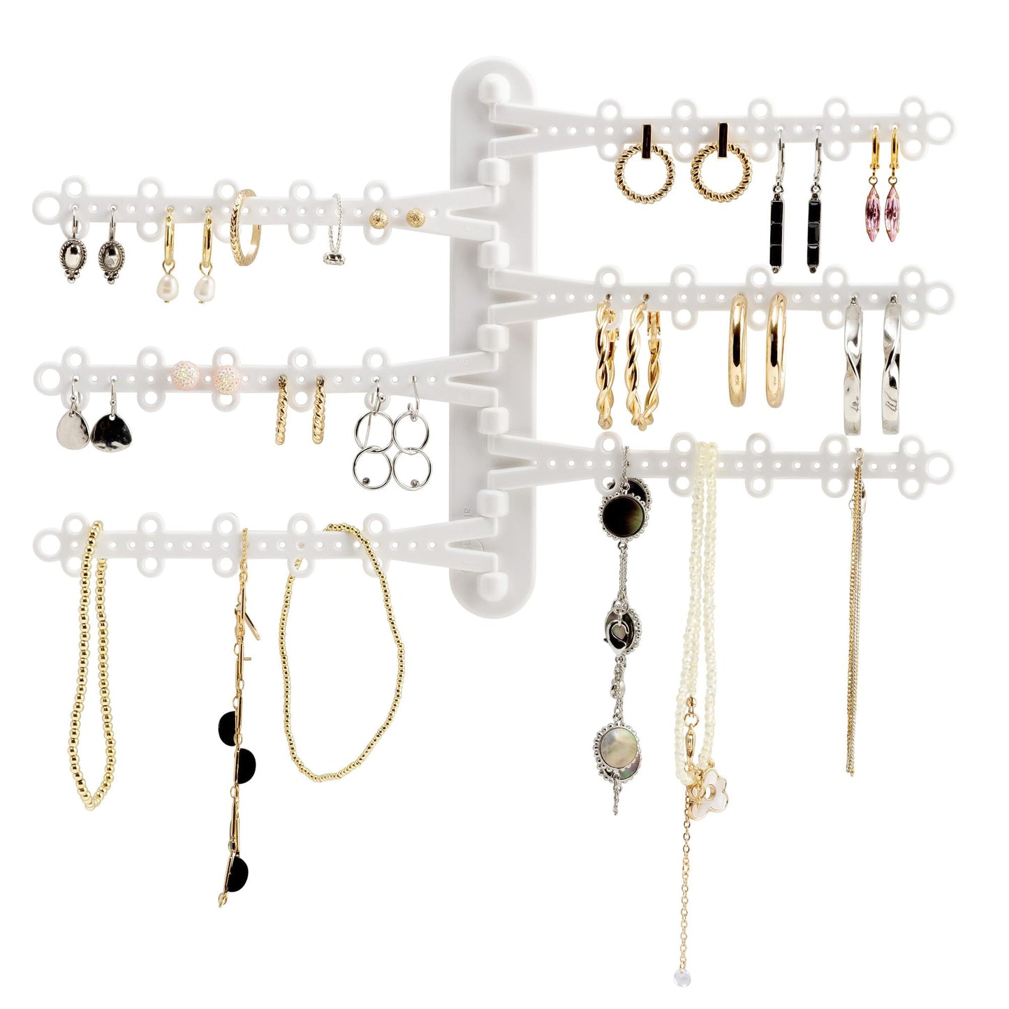 All Hung Up 6-Tier 6" Wall Jewelry Organizer, Command Strips included for Easy Hanging, 120 Hole Earring Organizer, Necklace Organizer, Bracelet Holder, Ring Holder, Rotating Branches (White 6-TIer)