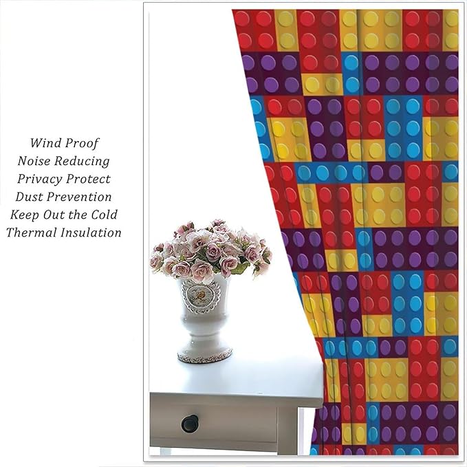 Building Block Colored Curtains, Children's Themed Curtains Collection Building Block Patchwork Cartoon Print Curtains, Light Trim 2 Panel Set Rod Pockets 52x84in