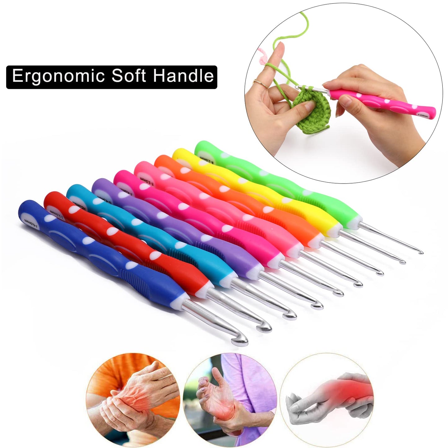 Looen Crochet Hooks Set-Yarn Needles Coloured Aluminum with Storage Case Rubbery Handle Ergonomic Comfort Grip DIY Craft Handmake Kit 64pcs