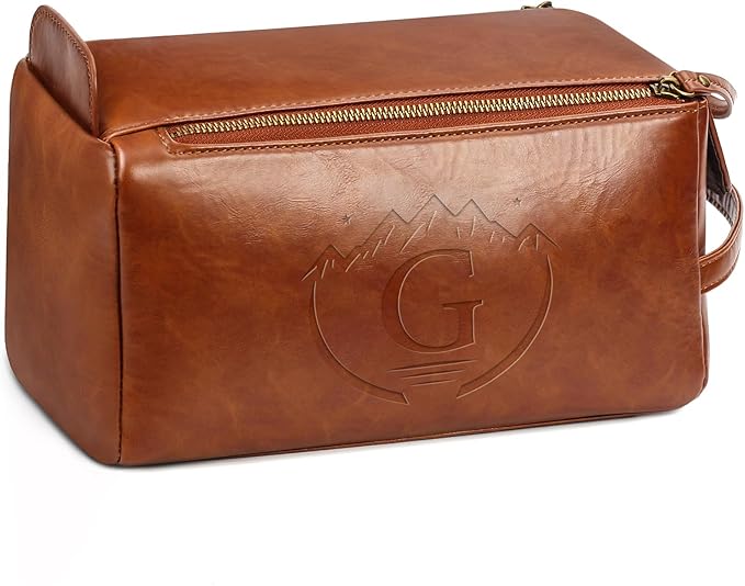 Personalized Toiletry Bag for Men,Initial Mens Toiletry Bags for Traveling,Men Travel Toiletries Bag,PU Leather Shaving Bag for Toiletries Accessories kit,Brown G
