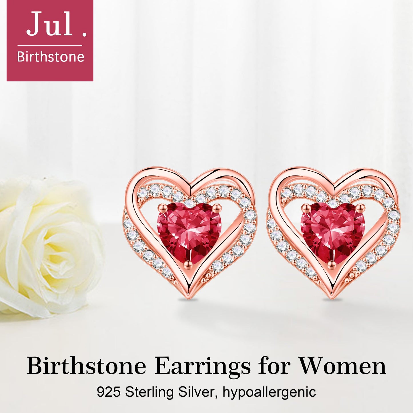Iefil Heart Stud Earrings for Women, 925 Sterling Silver Rose-Gold-Plated July Birthstone Red Ruby Earrings