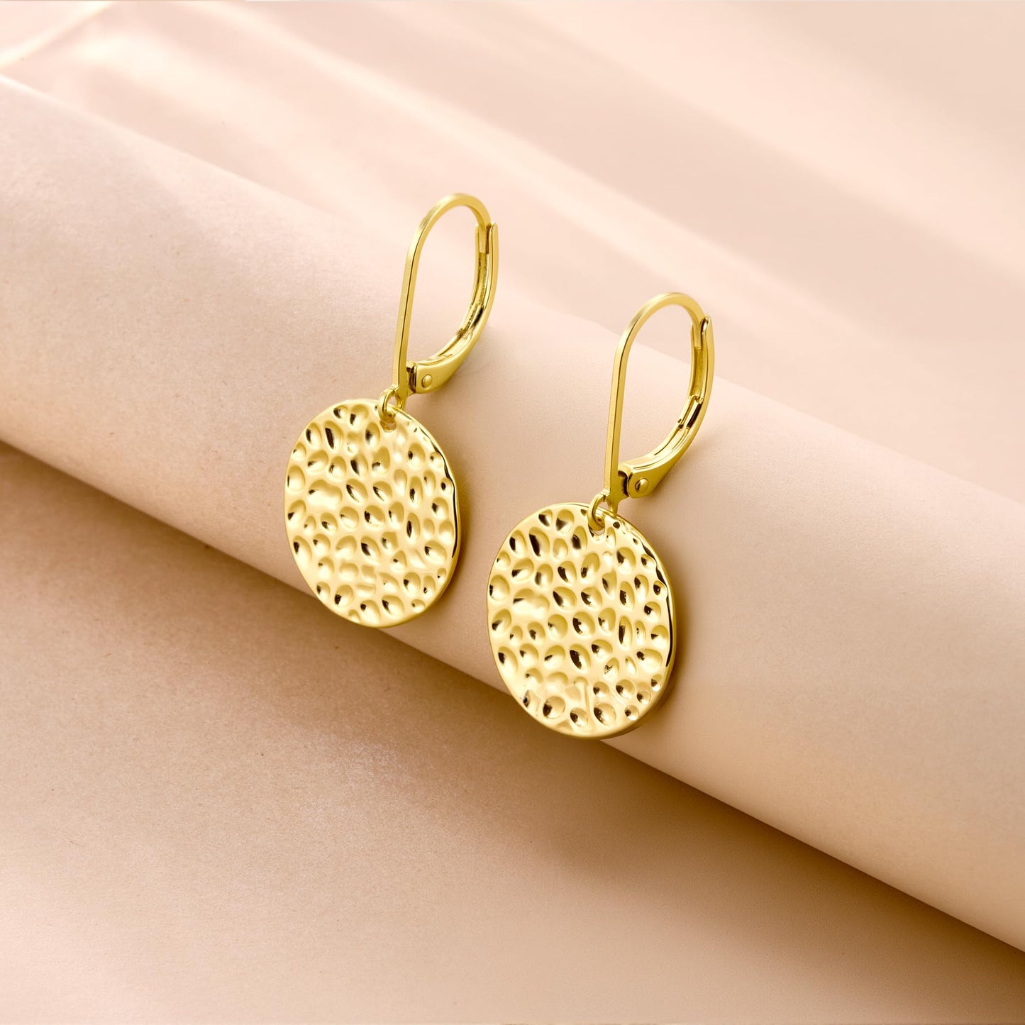 ALEXCRAFT Gold Hammered Dangle Earrings for Women Hypoallergenic 14K Gold Disc Coin Drop Leverback Earrings Hammered Dangle Drop Earings for Women Jewelry Gifts
