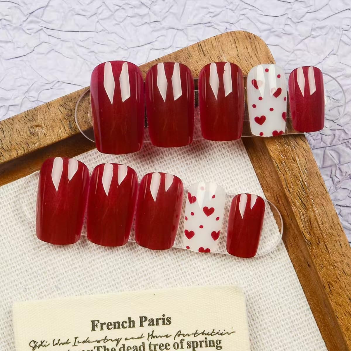 Red Press on Nails Square Medium Fake Nails with Heart Design Valentine's Day False Nails for Women 24 Pcs