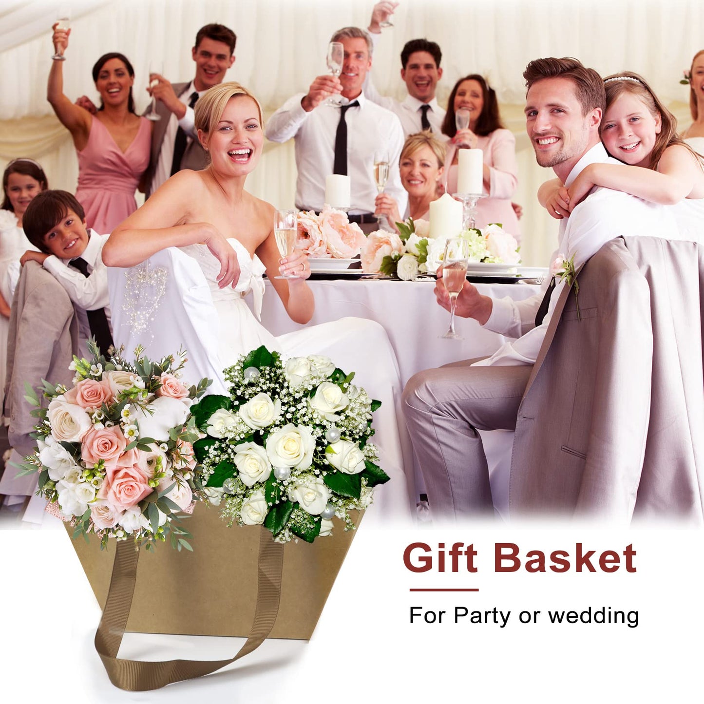 KEVTVEK Bigger Baskets for Gifts Empty, 6 Pack Sturdy Kraft Basket With Handles Gift Basket Kit, 6 Shrink Wrap Bags, 6 Bows and Hang Tag, Empty Gift Baskets to Fill for Graduation, Baby Shower