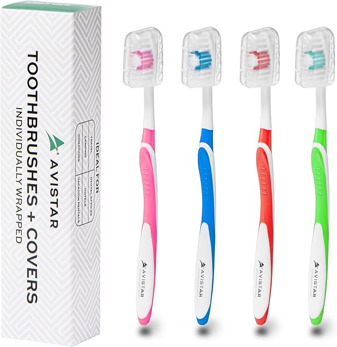 4 Pack Toothbrushes for Adults - Individually Wrapped Medium Bristle Toothbrushes with Covers - Multi-Color Pack - Convenient & Affordable Dental Care for Travel, Hotels, Airbnb, Missions & More