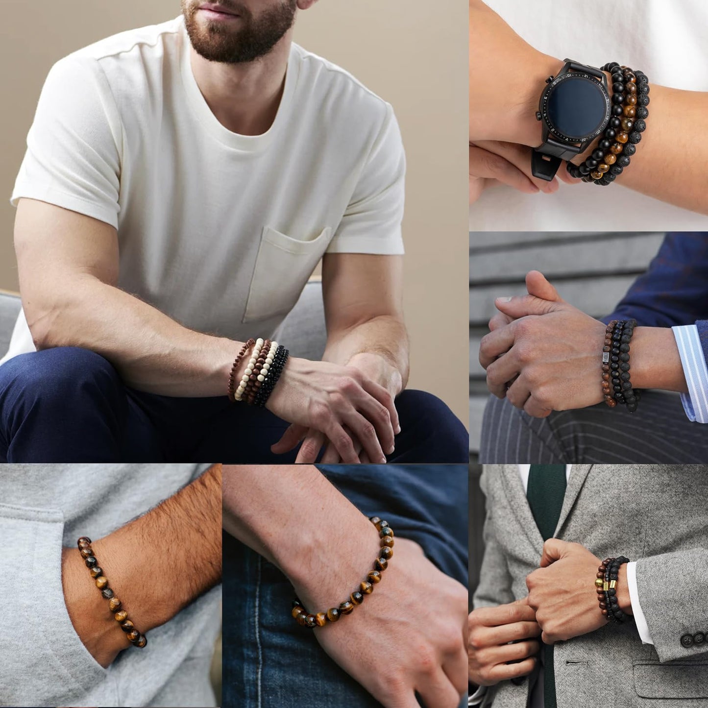 LOWNOUR Mens Bead Bracelet Adjustable Elastic Rope With 6&8MM Natural Stone Tiger Eye Bracelets for Men Gift 4pcs (Beaded Bracelets)