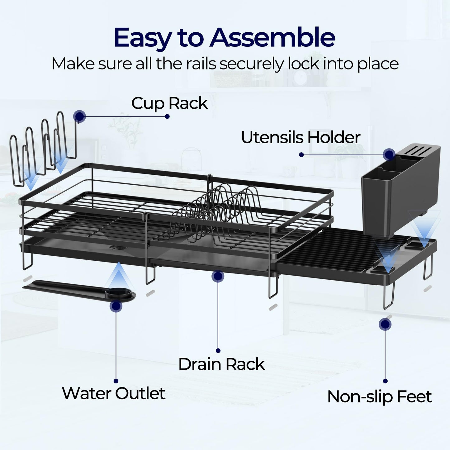 Pantasia Large Dish Drying Rack, Expandable Dish Rack for Kitchen Counter, Dish Drainer with Drainboard Set, Multifunctional Dishrack with Utensil & Cup Holder, 13.4"-28.7" L x 11.8" W x 7.8" H, Black