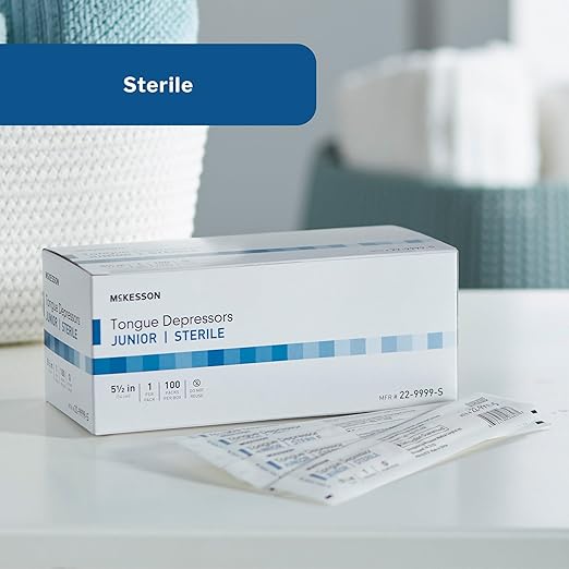McKesson Tongue Depressors [1000 Count] Junior Size, Sterile, Individually Wrapped, Wood, Unflavored, Splinter-Free, 5.5 in - Use for Medical, Arts, Crafts, Spa - 100 Count, Pack of 10