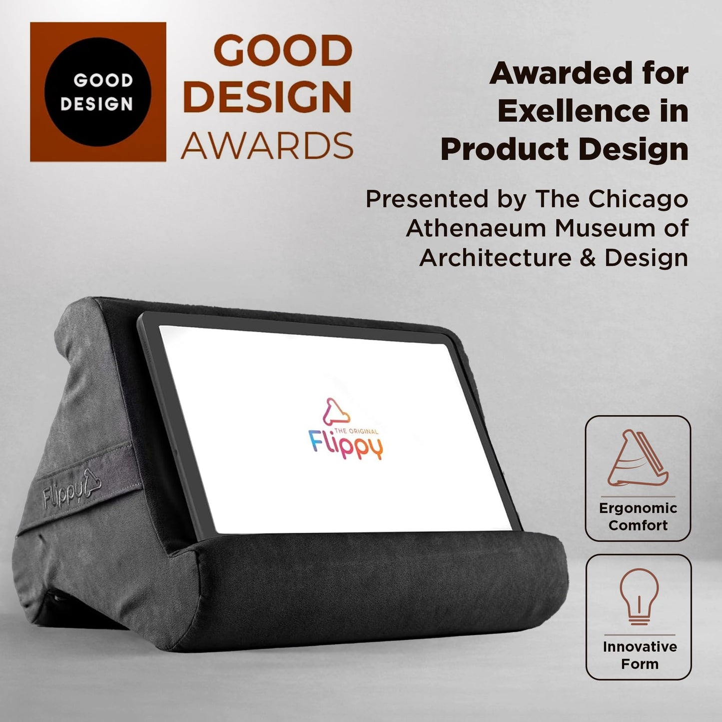 Flippy Original Tablet Pillow Stand & iPad Holder, Gift for Book Lovers & Readers, Multi-Angle Stand with Storage for Lap, Desk & Bed, Compatible with Kindle, Fire, iPad & Samsung, Smokey