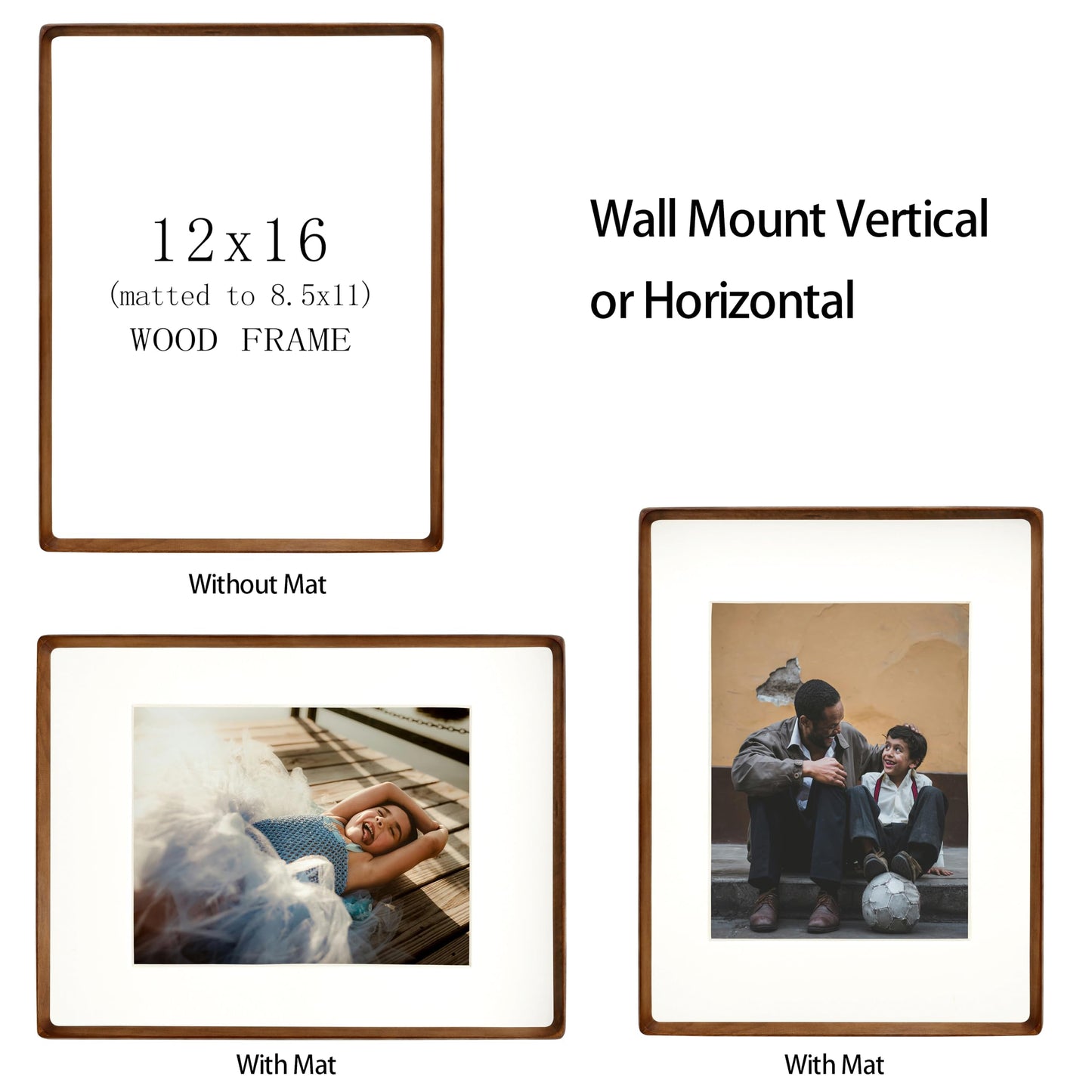 XKIILH 12x16 Picture Frames Walnut Solid Wood Vertical Horizontal Standing Display Photos 8.5x11 with Mat or 12x16 Without Mat Lovely Gift for Desk Tabletop Wall Mount Gallery Poster Frame H16